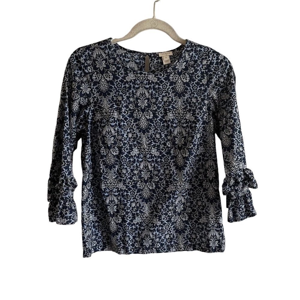 J Crew Wmn 00 Navy Blue Floral Print Ruffle Bell 3/4 Sleeve Back Keyhole Blouse